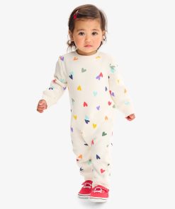 Baby cozy fleece sweatshirt romper in rainbow confetti hearts